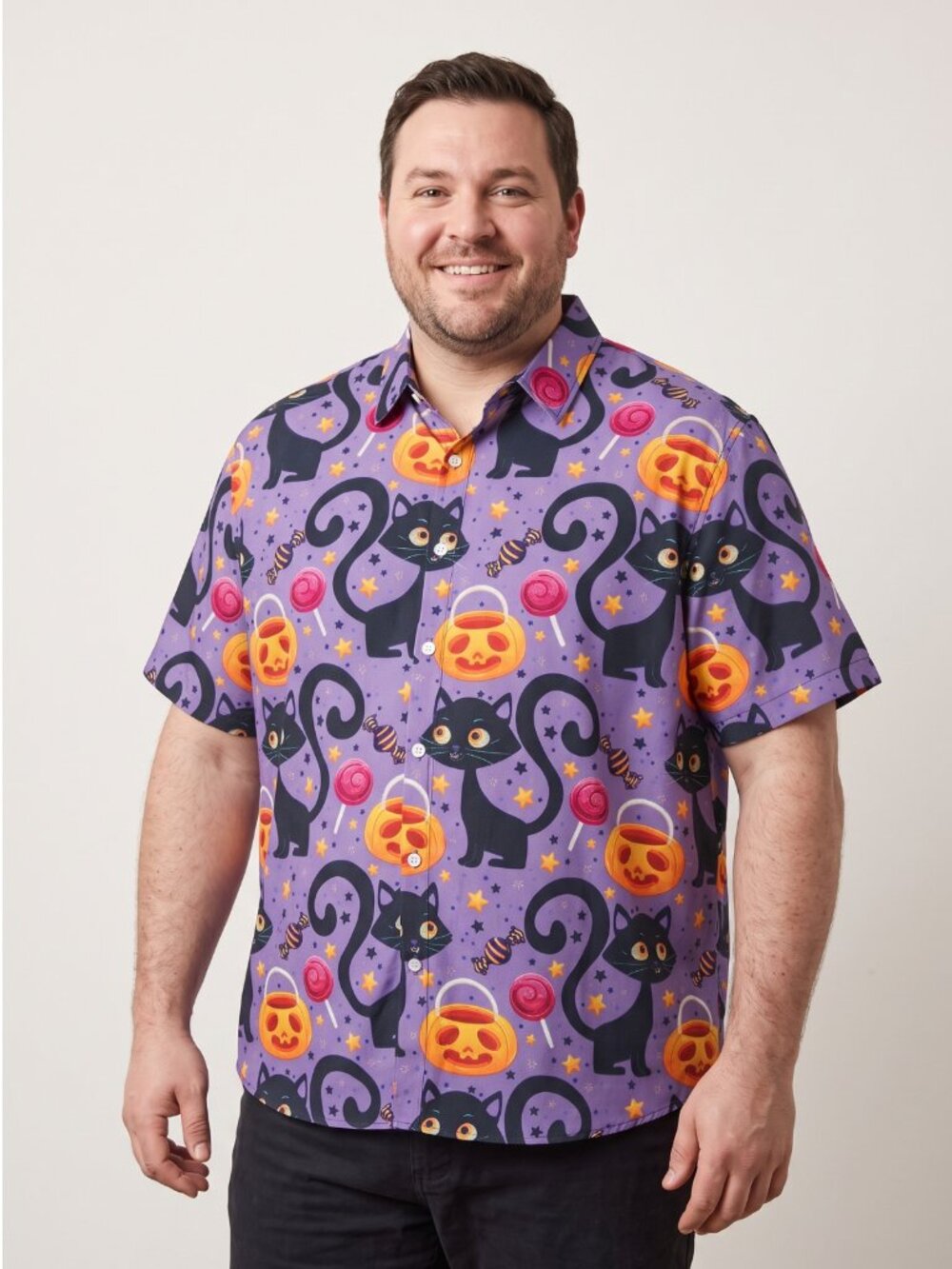 NWT Fohemr Halloween Black Cat Pumpkin Button Up Shirt XL
